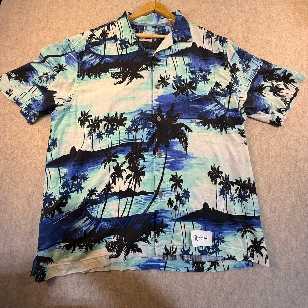 Tommy Bahama Mens XL Silk Tropical Palm Tree Island Print Camp Shirt Blue Teal